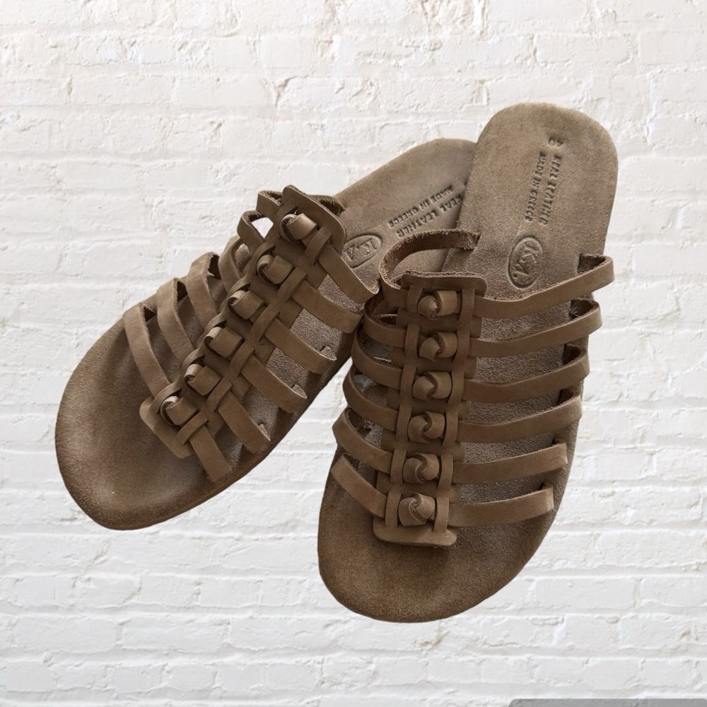 🆕 Greek taupe suede knot detail strappy flat sandals